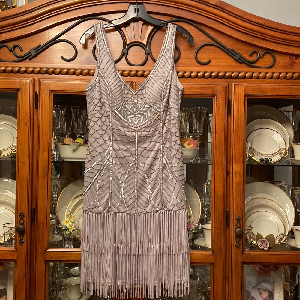Platinum Sue Wong Beaded Dress with fringe bottom